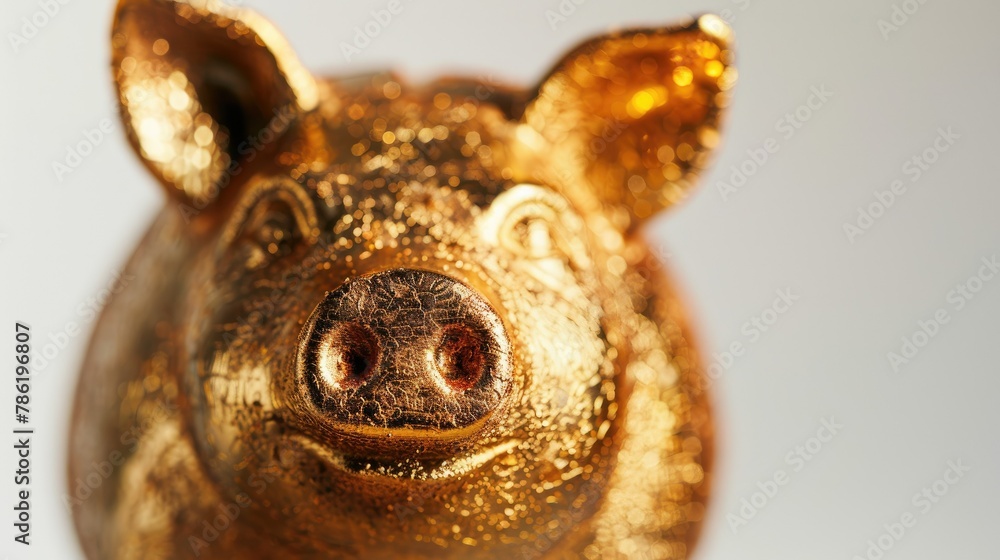 Close-up of a golden piggy bank against a white background, symbolizing savings Close-up of a golden piggy bank against a white background, symbolizing savings