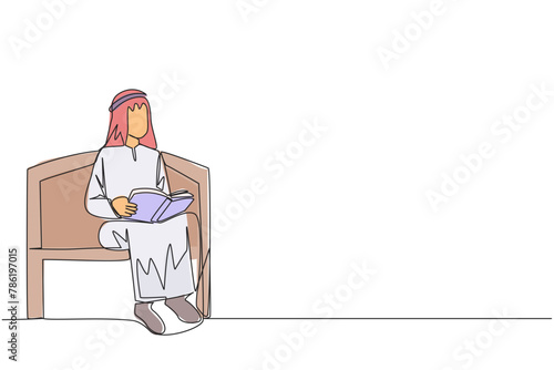 Single continuous line drawing Arabian man sitting reading on chair in the university park. Prepare for the final exams with serious reading. Book festival concept. One line design vector illustration