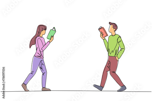 Single continuous line drawing man and woman walking face to face reading books. Gesture of memorizing something from a book. Addicted to reading. Book festival. One line design vector illustration