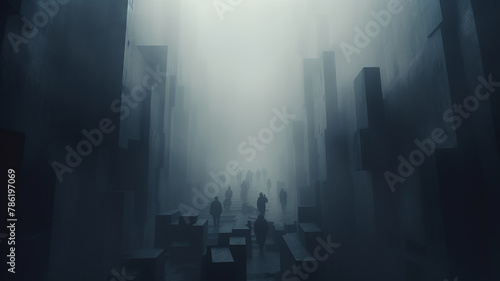 abstract silhouettes of people in the fog of an urban landscape fictional graphics