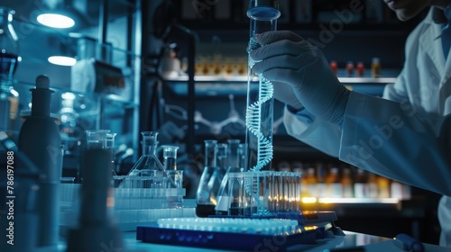 Science experiments  A doctor is doing some experiments in the lab in a test tube inside which DNA structure is kept  science experiments for school