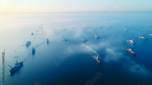 large sea transport ships aero view, caravan, group of several vessels on the roadstead