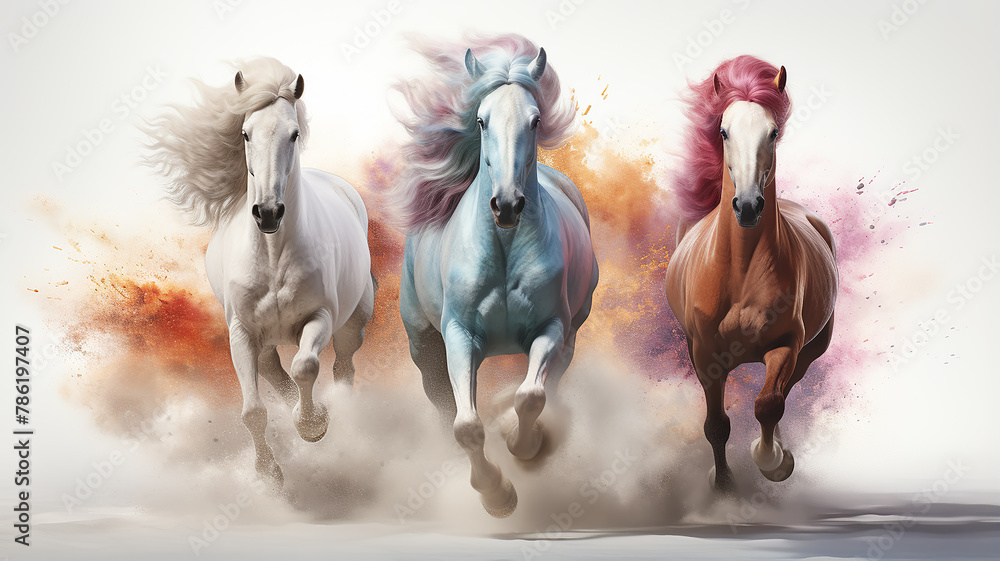 Obraz premium three unusual fairytale running horses, in a dynamic pose