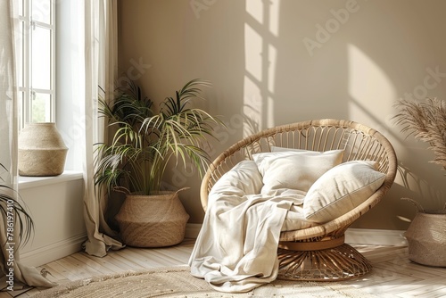 Minimalistic modern sitting area, wicker chair with white pillows and indoor palm tree by the window