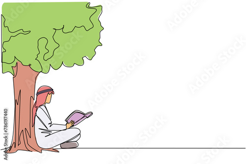 Continuous one line drawing Arab man sitting reading book under shady tree. Continuing the second volume of the fiction story book. Enjoy reading. Book festival. Single line design vector illustration