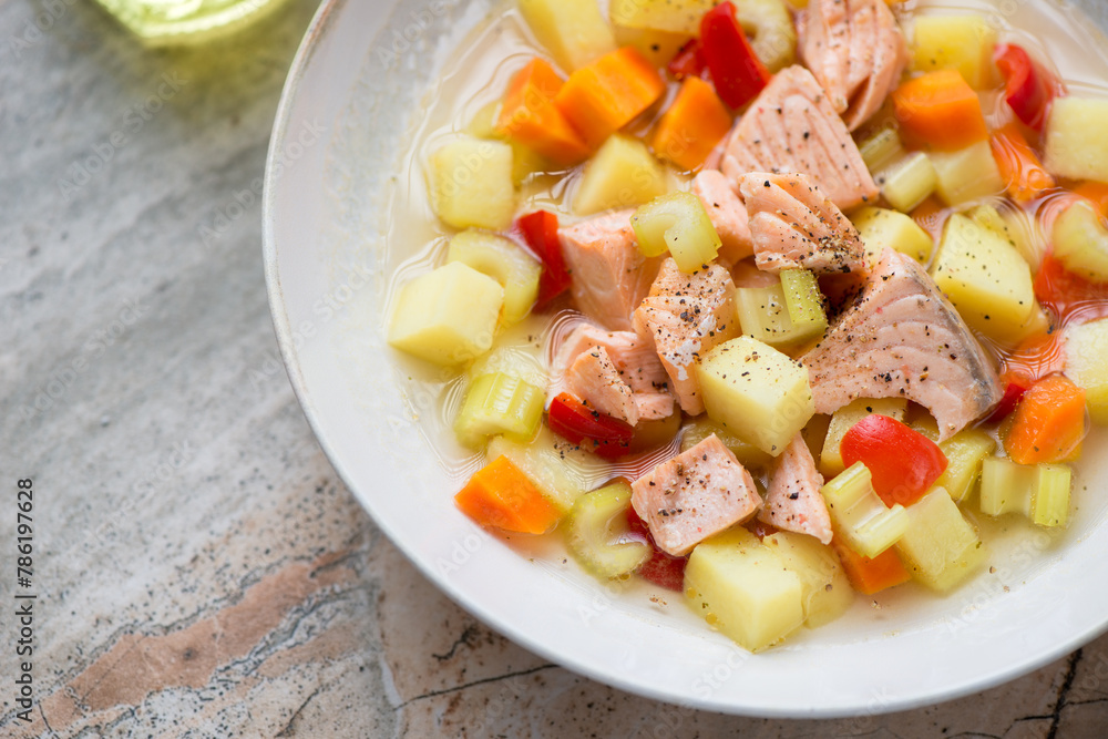 Vegetable soup with salmon fillet served in a beige plate, horizontal shot, close-up, selective focus Vegetable soup with salmon fillet served in a beige plate, horizontal shot, close-up, selective focus
