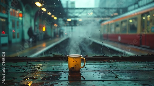 Within the confines of a bustling train station, a lone traveler finds solace in the familiar ritual of brewing a cup of coffee. photo