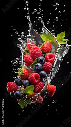 Beautiful berries and fruits falling with splashes into the water. On a dark background.
