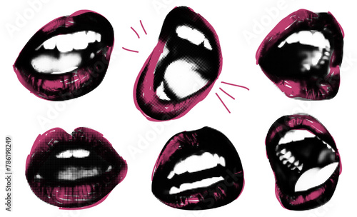 Pop art mouth elements with marker lipstick pink scribble line. Grunge black and white open mouth with tongue. Background with vintage graphic illustration on transparent bg