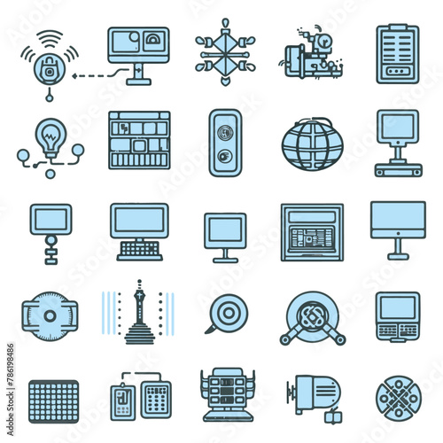 Groups of artificial intelligence-AI Vector Line Icons. That Contains such Icons as technology, computer, notebook, cloud, world, sun power objects for editable vector