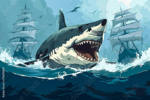 A giant shark with two old-fashioned sailing ships in the background.