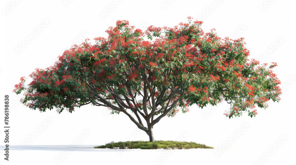 A large tree with red flowers is standing on a white background