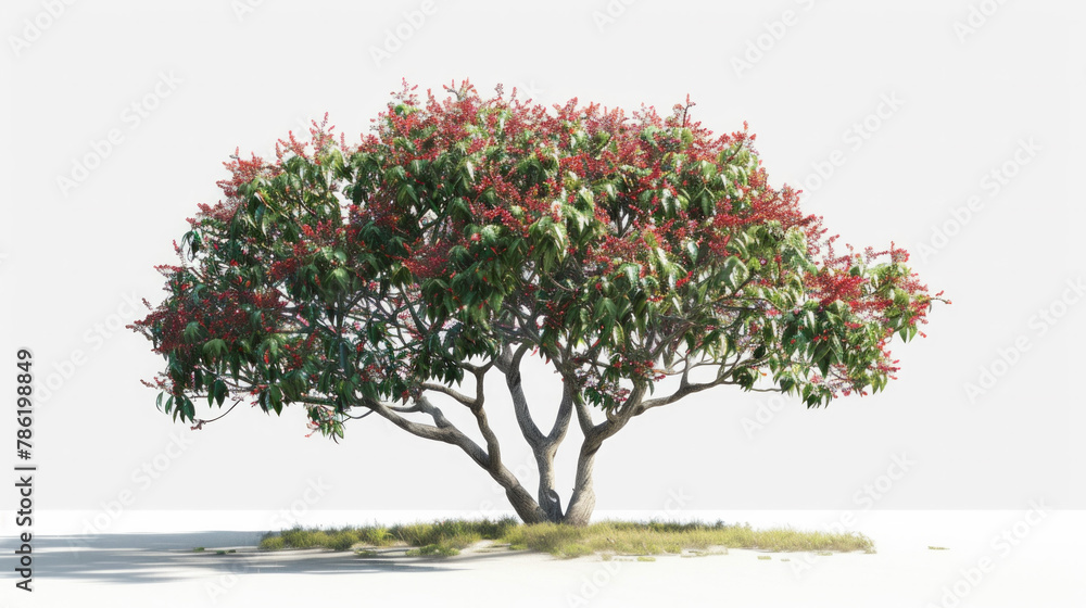 A tree with red leaves stands alone on a white background