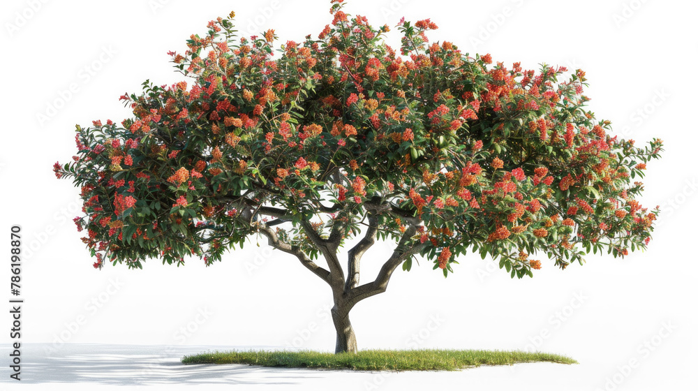 A large tree with red flowers is standing in a field
