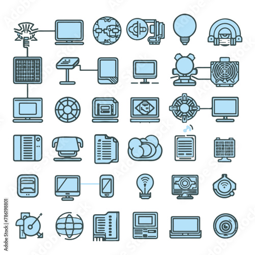 The artificial intelligence-AI Vector Line Icons collection. That Contains such Icons as technology, computer, notebook, cloud, world, sun power objects for editable vector