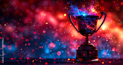 A glowing trophy with blue and red particles on a dark blue background. photo