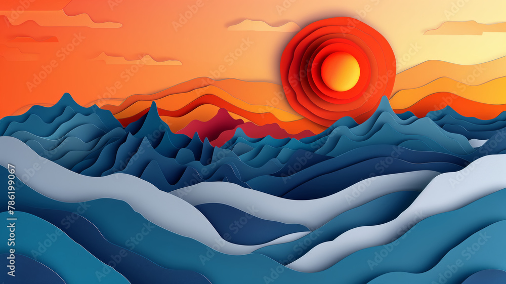 Fototapeta premium High blue mountains against the backdrop of a shining red sun