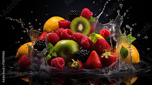 Beautiful berries and fruits falling with splashes into the water. On a dark background.