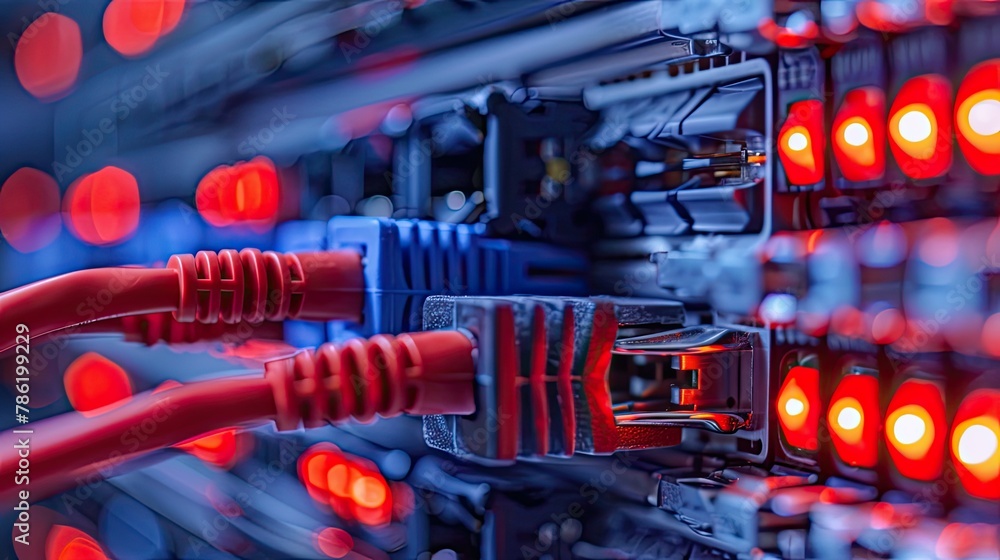 Close-up of ethernet cables and network switches, illustrating the physical components of a computer network Close-up of ethernet cables and network switches, illustrating the physical components of a computer network