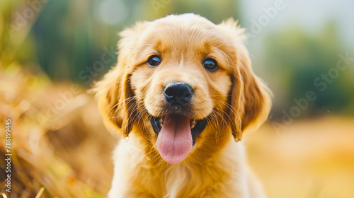 Joyful Golden Retriever Puppy in Sunlit Field.