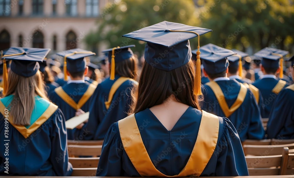 Diverse group of students in blue graduation attire sitting in a row at ...