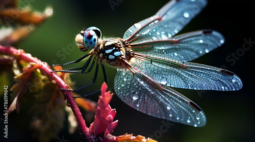 a dragonfly on a tree branch during the rain  © Dxire