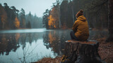 Man sitting on a stump by the lake in the autumn forest.