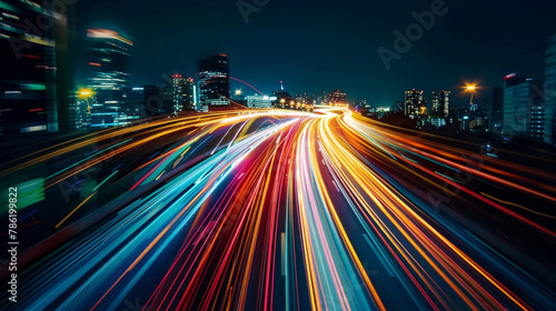 A city skyline is lit up at night with the lights of cars on a highway