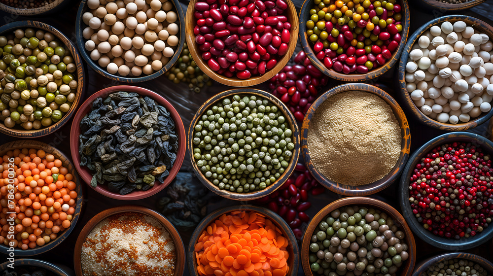 Variety of beans, lentils, peas and legumes in bowls Variety of beans, lentils, peas and legumes in bowls
