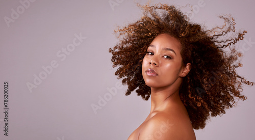 Obraz na plátně Afro, hair and portrait of black woman in mockup with confidence, pride and studio space