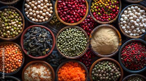 Variety of beans, lentils, peas and legumes in bowls