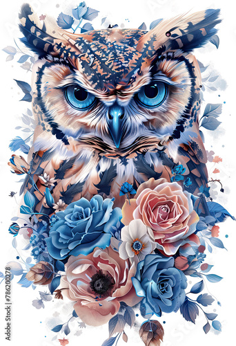 blue eyed owl with flowers for prints  photo