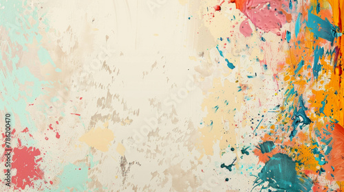 A colorful painting with splatters of paint on a white background