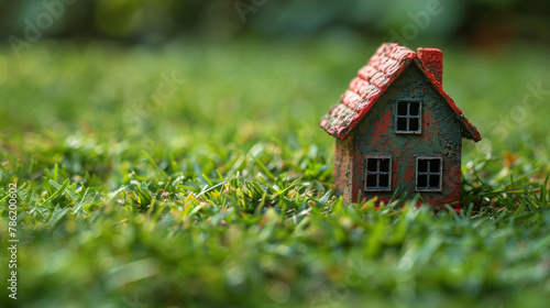 A small red house is sitting on a patch of grass