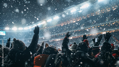 Fans celebrating the success of their favorite sports team on the stands of the professional stadium while it's snowing photo