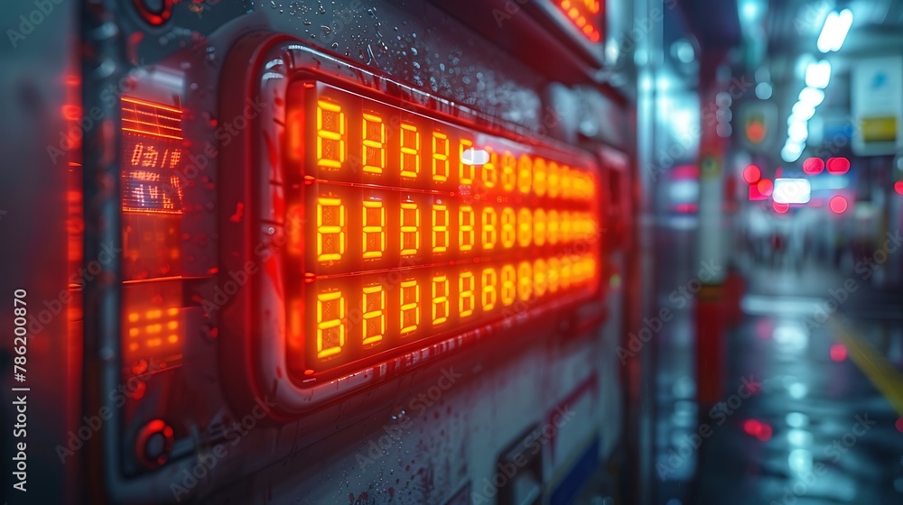 Tech Brilliance: Close-Up of Glowing Red LED Display on Advanced Vending Machine