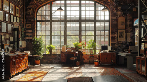 A large room with a window and a desk