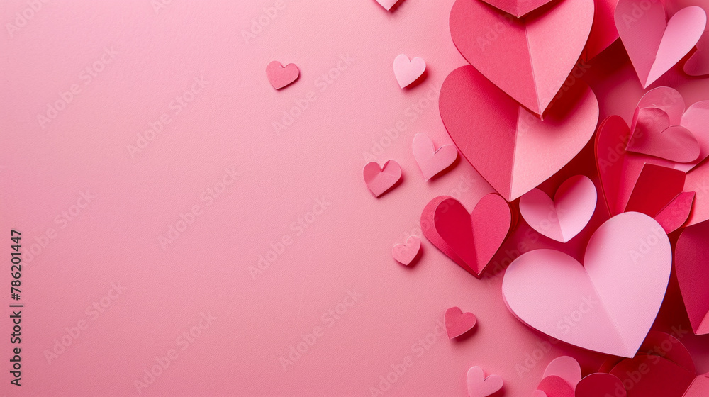 A pink background with a bunch of hearts scattered around it