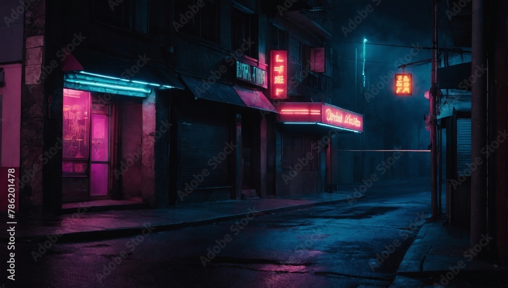 Background of an empty street corner with smoke and neon light. Dark abstract background.