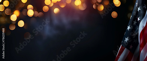 American flag with blurred lights on dark background banner, in the style of an american national holiday concept