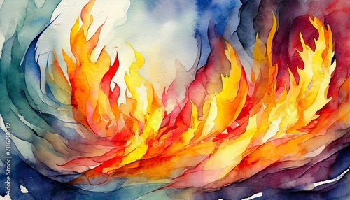 a watercolor illustration of flames with a touch of elegance, blending vibrant hues and delicate strokes to evoke the dynamic energy of fire