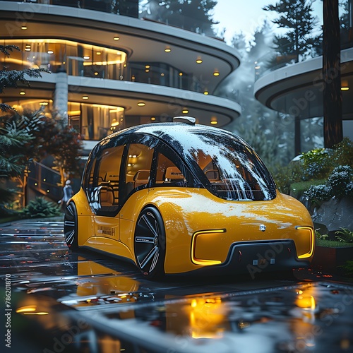 A futuristic, self-driving taxi pulling up to a curb in front of a sleek, modern building photo