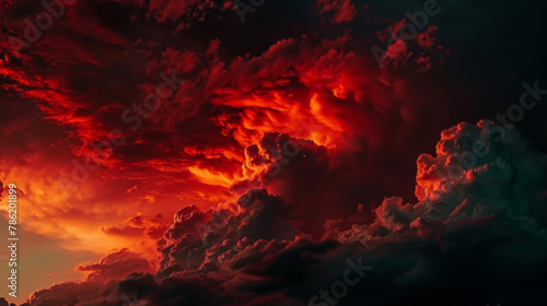 A red sky with clouds and a dark blue sky