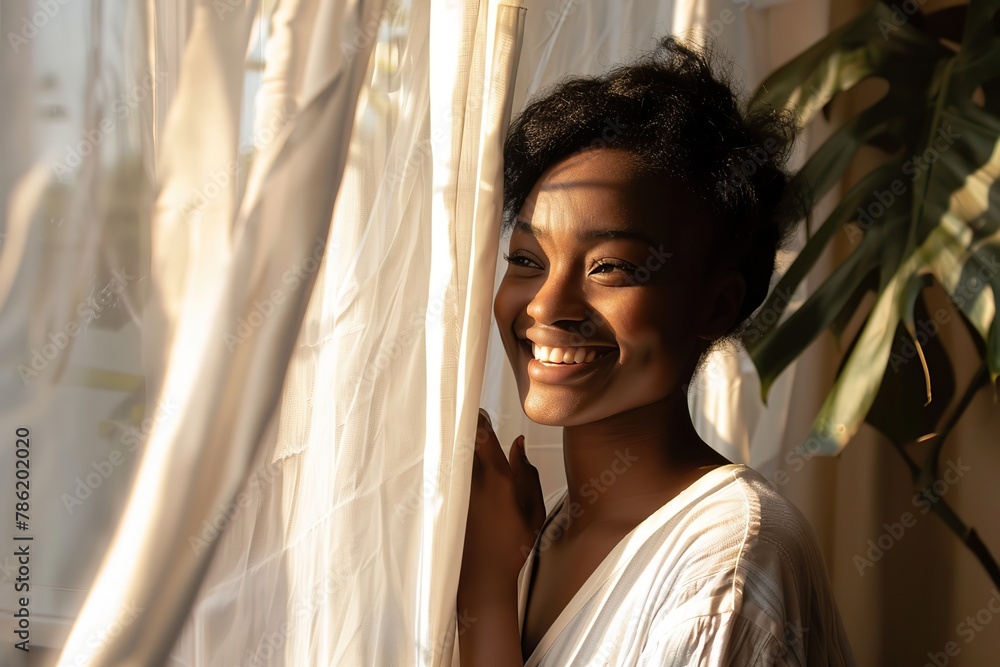 Young african american woman unveil curtain and looking out of window in the morning. Beautiful girl after waking up fully rested and open curtains. Start the new day with happiness. Relax, resting - obrazy, fototapety, plakaty 