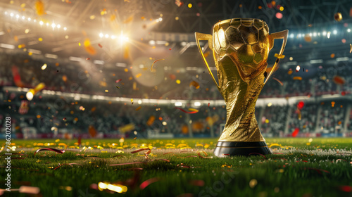 Golden winner s cup in the middle of a soccer stadium with audience photo