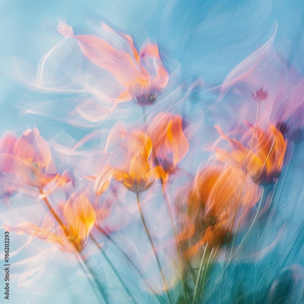 Vibrant flowers in a meadow under a clear blue sky, creating a mesmerizing abstract pattern