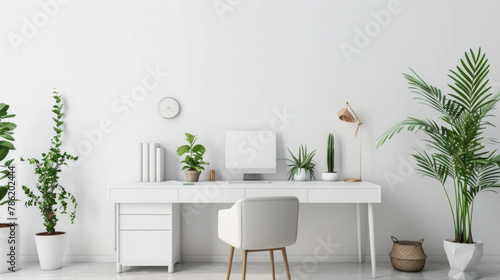 A white office with a desk and chair  a clock on the wall  and a potted plant