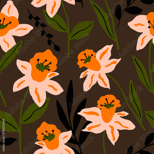 Abstract Hand Drawing Vintage Daffodil Flowers and Leaves Seamless Vector Pattern Isolated Background