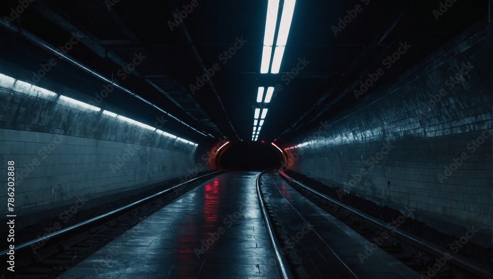 Background of an empty subway tunnel with smoke and neon light. Dark abstract background.