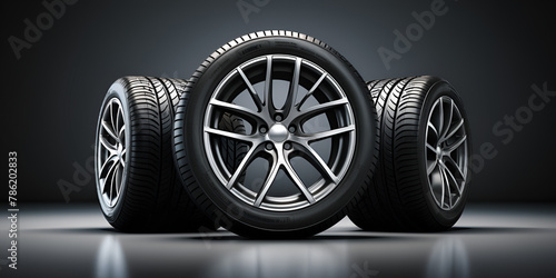 A stack of new car wheels with aluminum rims on a black background Group of new car tires  photo